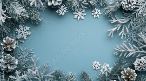 3d rendering blue christmas frame border decorated with snowflakes and pine branches