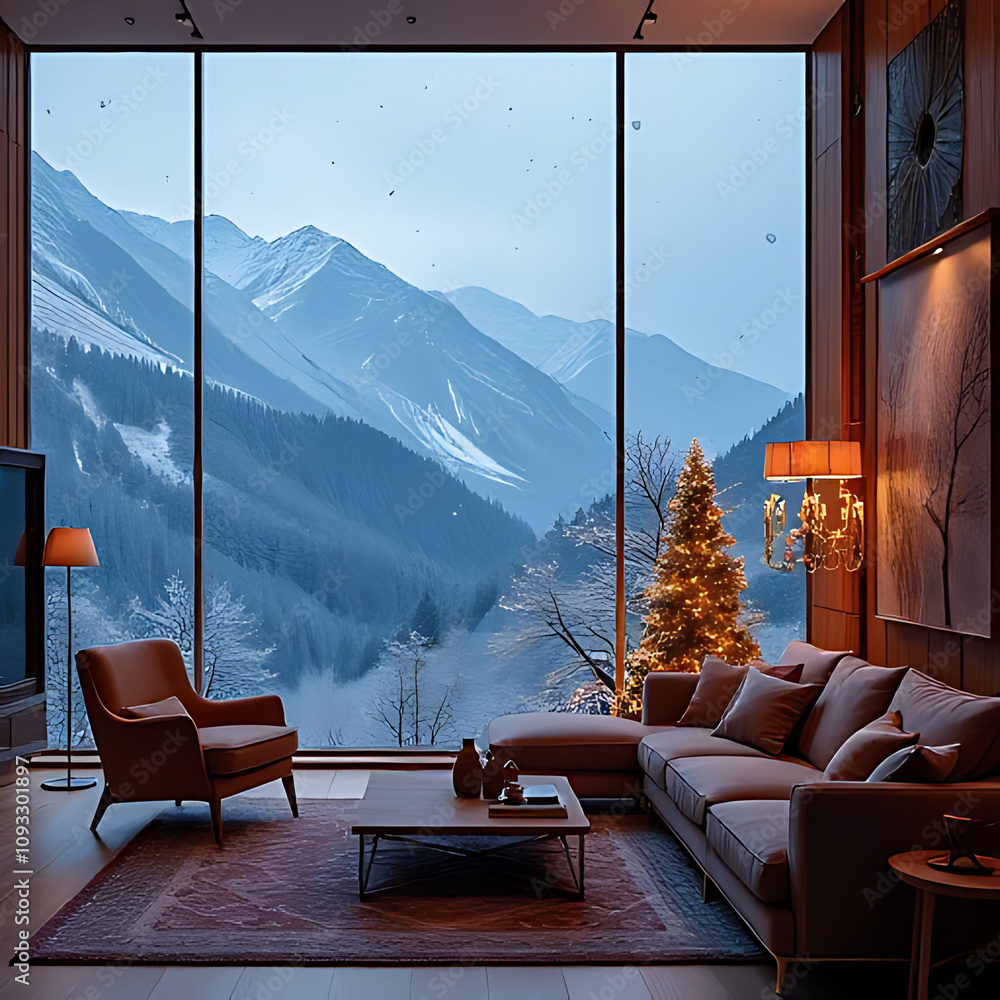© JR - a cool lighting living room with a christmas tree and a huge glass window showing the fantastic view of winter on the mountains.