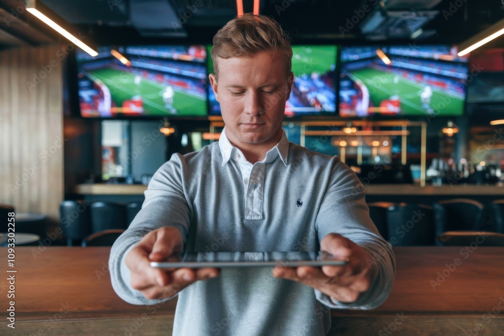 Young Caucasian Man Using Tablet Sports Bar Event Marketing Young Caucasian Man Using Tablet Sports Bar Event Marketing
