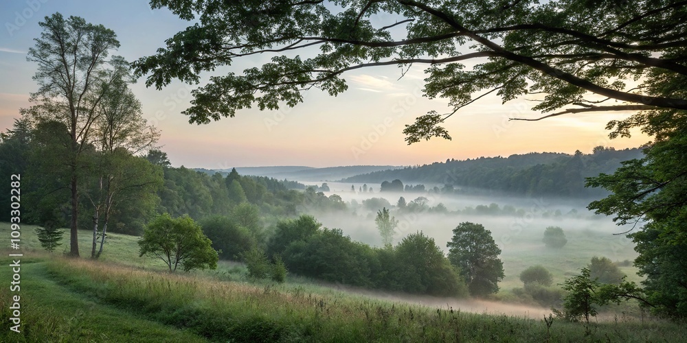 Obraz premium Misty dawn breaks through the forest canopy, fog, natural light