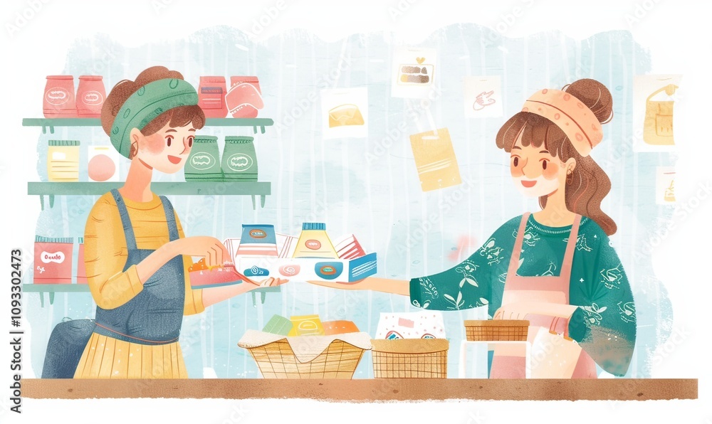 In a lively store setting, a cheerful grocery worker efficiently scans items at the checkout counter, providing friendly service while packing customer purchases In a lively store setting, a cheerful grocery worker efficiently scans items at the checkout counter, providing friendly service while packing customer purchases