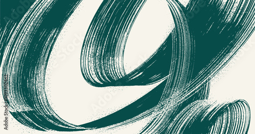 Grainy green spiral dry brush stroke with spray texture. Hand drawn fine splashes distress damaged edge banner with spiral bold line. Grainy vector brush strokes texture with scattered tiny dots.