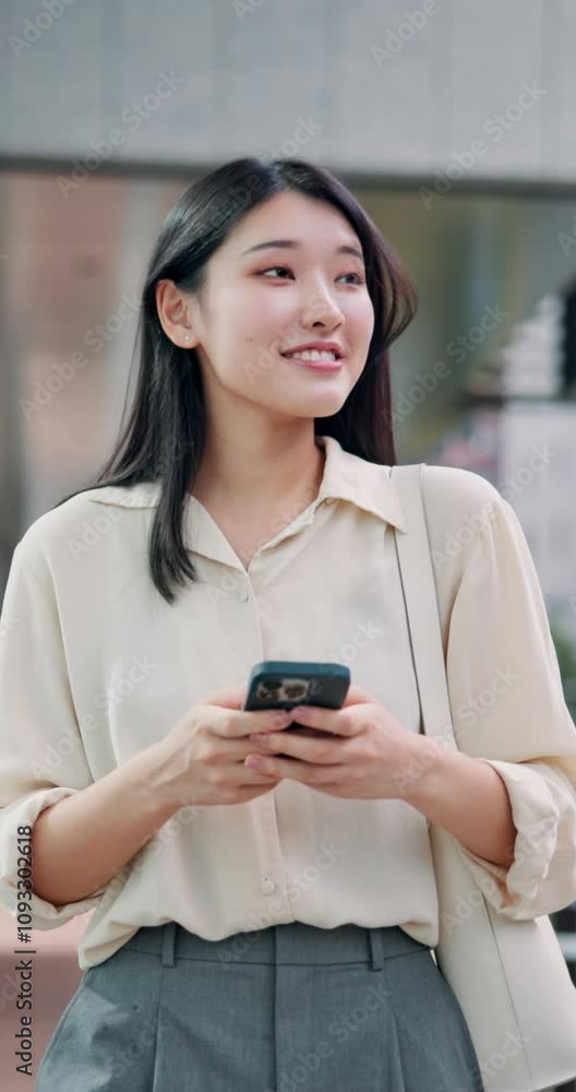 Japan, woman and phone texting in city with social media, professional trip and morning commute. Outdoor, urban and walking in town with smile and business travel in Tokyo with mobile networking Japan, woman and phone texting in city with social media, professional trip and morning commute. Outdoor, urban and walking in town with smile and business travel in Tokyo with mobile networking