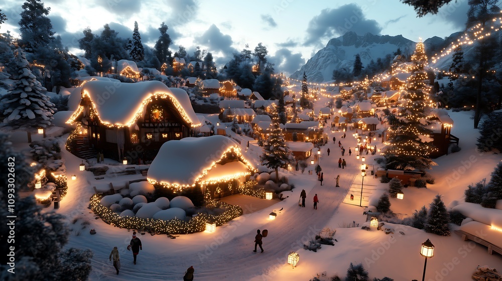 Obraz premium A snowy village at night with glowing Christmas lights, cozy cottages, and people walking with lanterns.