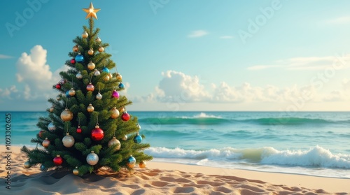 Christmas tree with ornaments on sandy beach with ocean waves in background, background with copy space