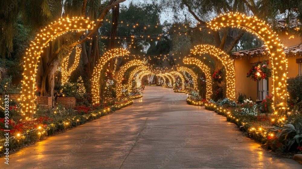Obraz premium Enchanting pathway adorned with festive lights and vibrant flowers at dusk
