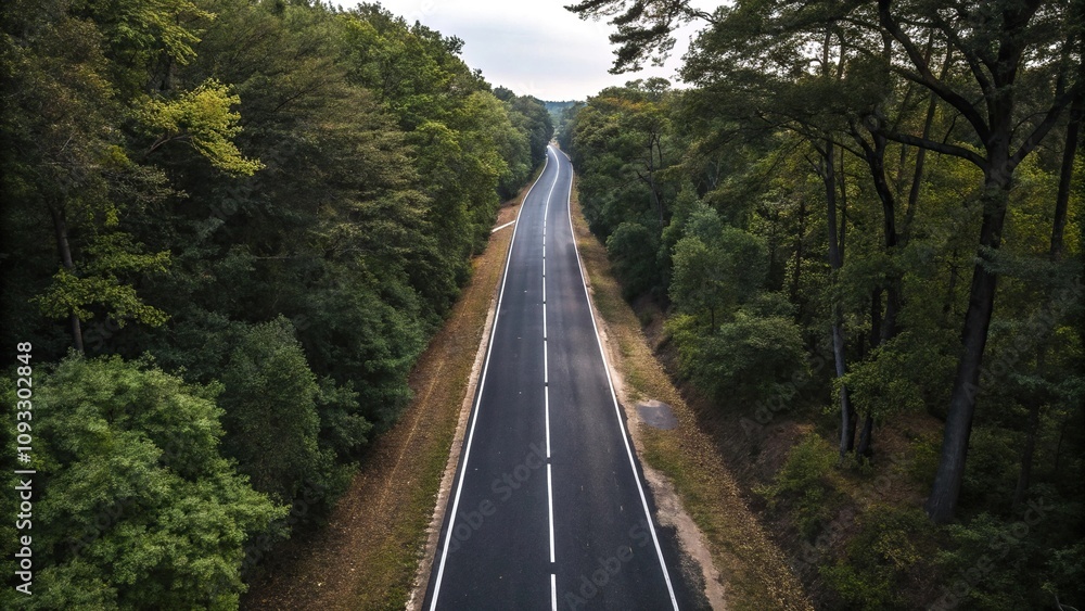 Overhead view of a black asphalt road with white dividing lines and trees on the side, urban transportation, highway, overhead view, multiple lanes Overhead view of a black asphalt road with white dividing lines and trees on the side, urban transportation, highway, overhead view, multiple lanes