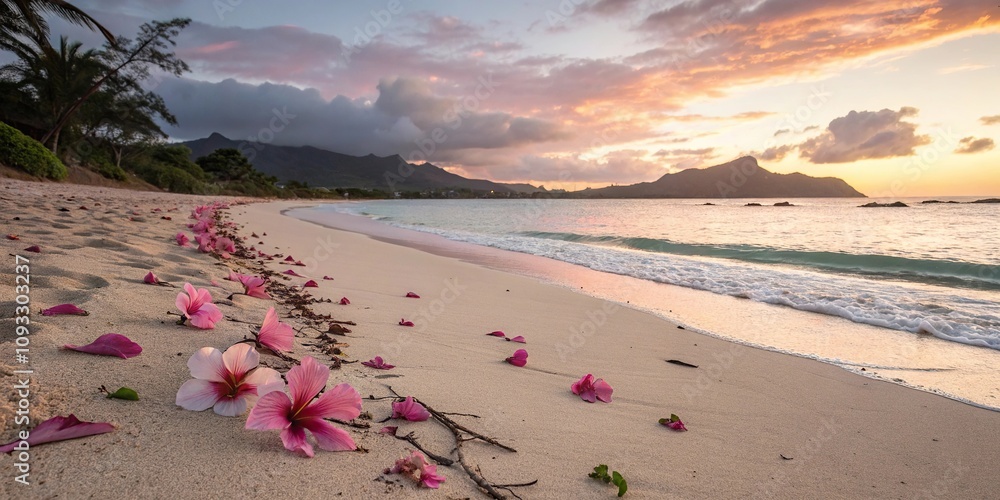 Pastel shades of sunset blend with delicate hibiscus flowers on sandy beach with ripples and waves in the background, ocean waves, sand, landscape, tropical Pastel shades of sunset blend with delicate hibiscus flowers on sandy beach with ripples and waves in the background, ocean waves, sand, landscape, tropical