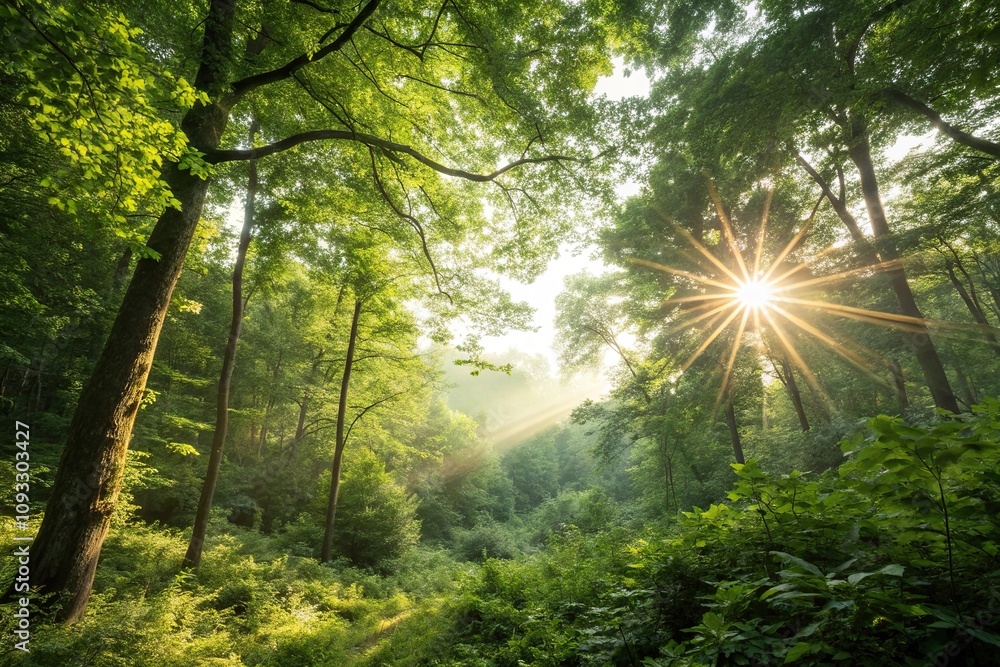 Obraz premium Radiant sunlight piercing through dense foliage in a lush green forest, vibrant greenery, forest highlights, forest interior, nature photography, leafy branches