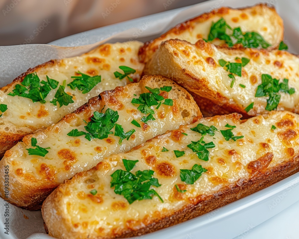 Deliciously baked cheese bread topped with fresh parsley on a white dish. Deliciously baked cheese bread topped with fresh parsley on a white dish.