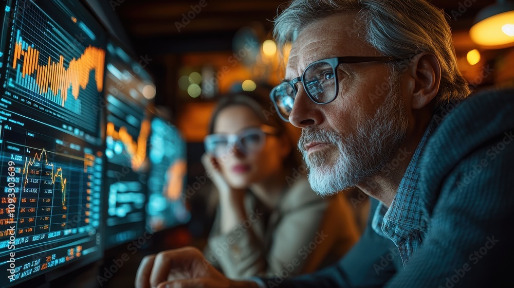 Two individuals analyze data on screens, showcasing a blend of technology and finance in a dimly lit, modern workspace. Two individuals analyze data on screens, showcasing a blend of technology and finance in a dimly lit, modern workspace.