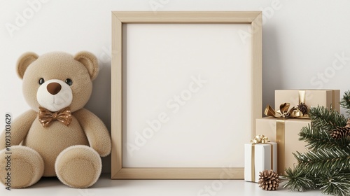Christmas Photo Frame Mockup with Teddy Bear and Festive Decorations