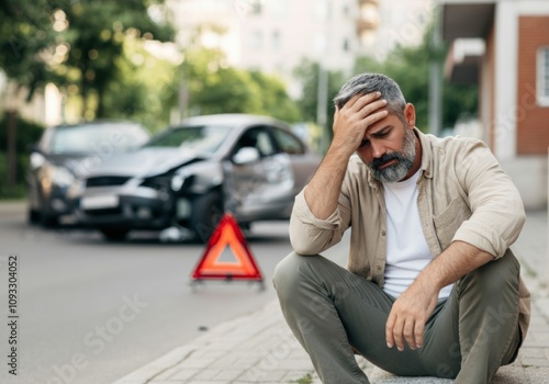 Man sitting on curb stressfully contemplating after car accident with warning triangle on road photo