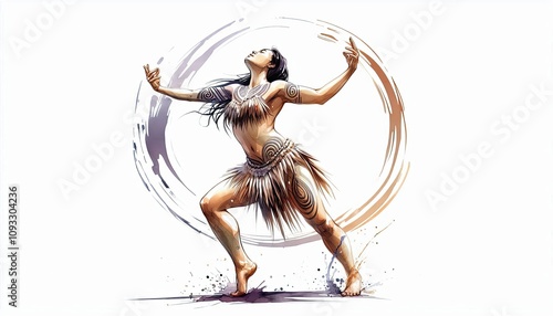 woman performing Maori Haka, dance in watercolor illustration with loose and fluid forms photo