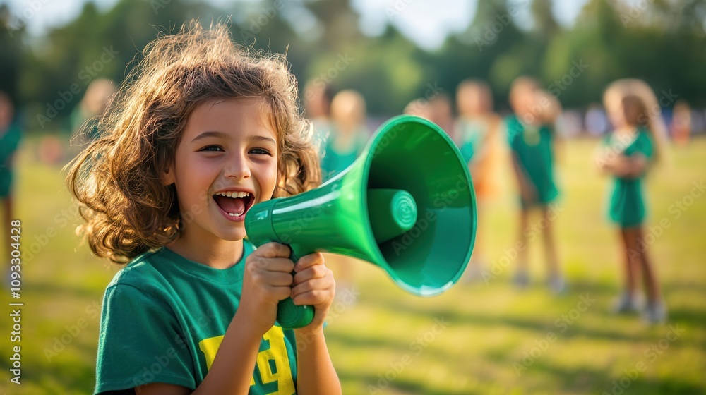 A child enthusiastically rallying their teammates with a green megaphone during a sports practice A child enthusiastically rallying their teammates with a green megaphone during a sports practice