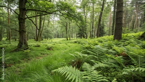 Soft grasses and ferns carpeted forest floor, tree roots, serene landscape