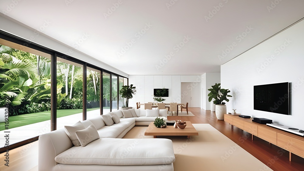 Modern Minimalist Living Room with White Sectional, Wooden Accents, and Lush Greenery View Modern Minimalist Living Room with White Sectional, Wooden Accents, and Lush Greenery View