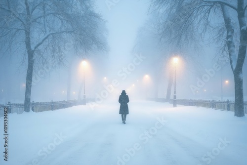 A person walking alone down a snowy, foggy street lined with bare trees and softly glowing street lamps, creating a tranquil winter scene with an ethereal atmosphere