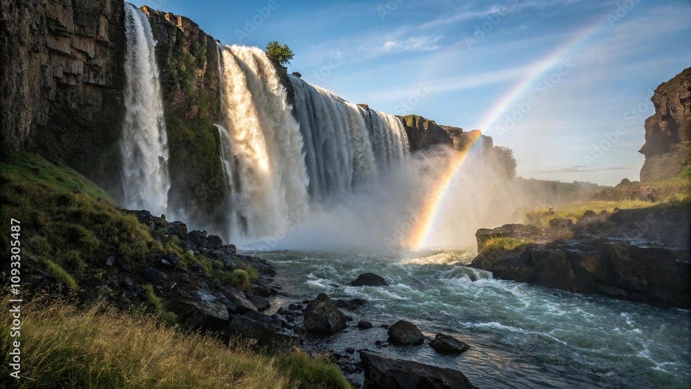 Water cascades down a rocky cliffside in a powerful waterfall, with sunlight filtering through the mist and creating a rainbow effect, rainbows, rocks Water cascades down a rocky cliffside in a powerful waterfall, with sunlight filtering through the mist and creating a rainbow effect, rainbows, rocks