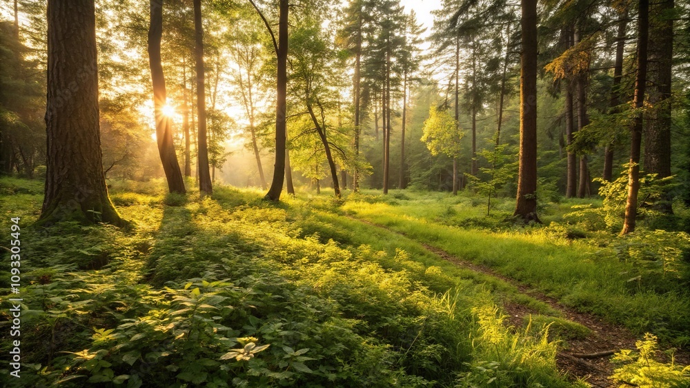 Warm sunlight casting a golden glow on the forest floor amidst lush greenery, verdant vegetation, forest landscape, natural ambiance Warm sunlight casting a golden glow on the forest floor amidst lush greenery, verdant vegetation, forest landscape, natural ambiance