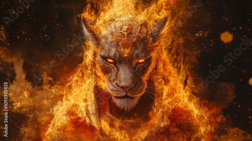 Sekhmet in Fiery avatar , the lioness goddess on dark background