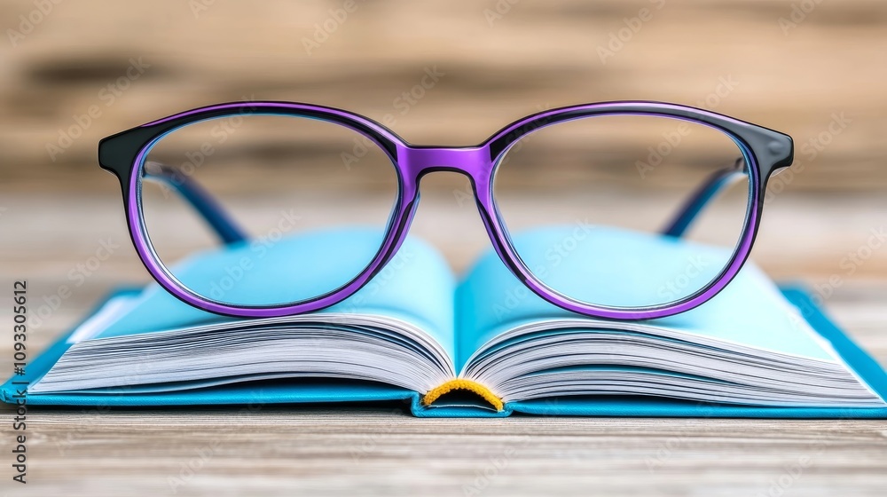 Stylish Eyeglasses on Open Book Reading Glasses Knowledge Education Stylish Eyeglasses on Open Book Reading Glasses Knowledge Education