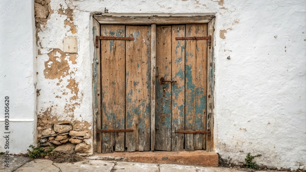 Weathered wooden door with peeling paint and rusty hinges, urban, wood Weathered wooden door with peeling paint and rusty hinges, urban, wood