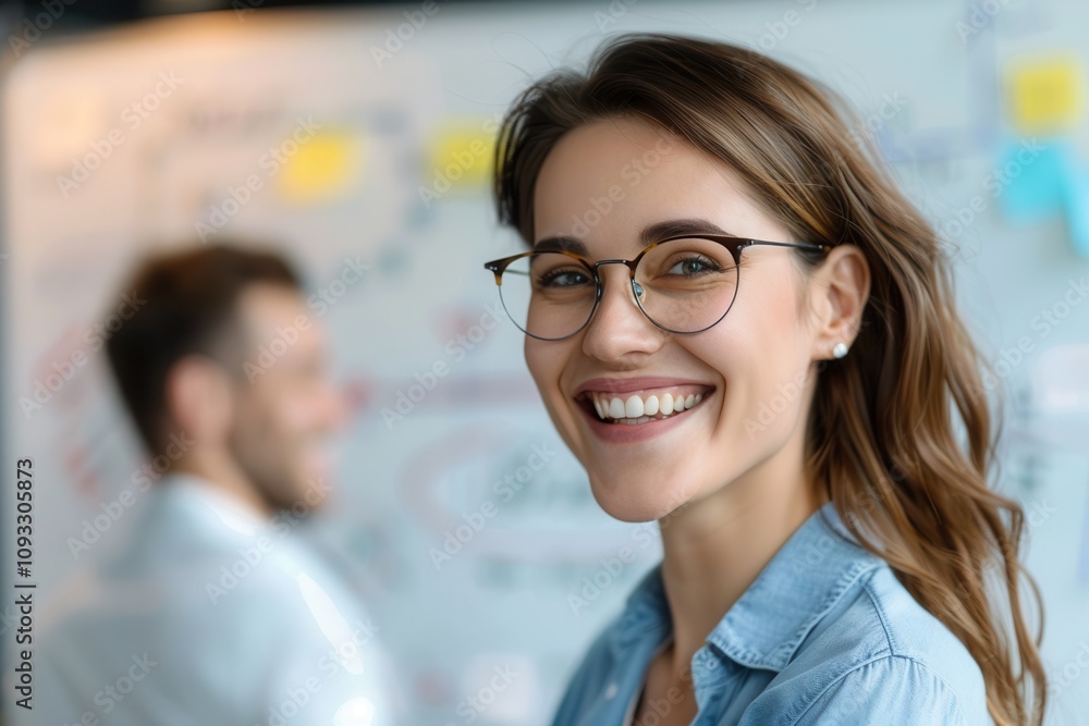Confident young woman smiling in an office setting with a blurred whiteboard and colleague in the background Confident young woman smiling in an office setting with a blurred whiteboard and colleague in the background