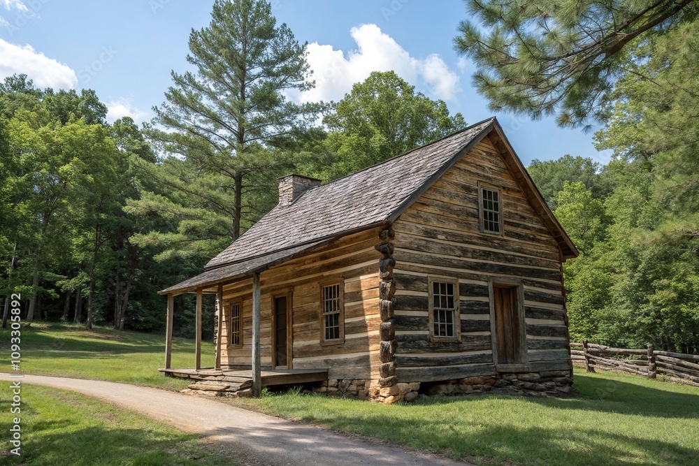 Wooden log cabin with a weathered roof and trees in the background, forest, rural, weathered wood Wooden log cabin with a weathered roof and trees in the background, forest, rural, weathered wood