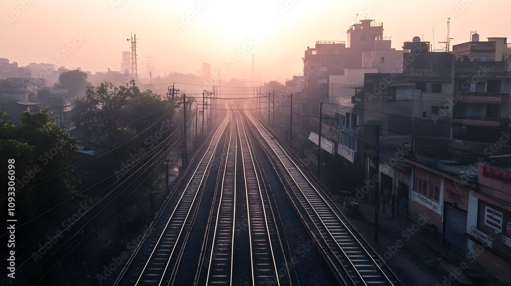 Fototapeta premium photo of a drone shot of delhi's electrified marathon tracks, electric trail on the tracks, early morning time, photorealistic.