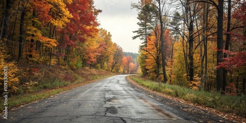 Worn asphalt road surrounded by tall trees with vibrant autumn foliage, asphalt road, tree trunks, autumn landscape, nature, trees