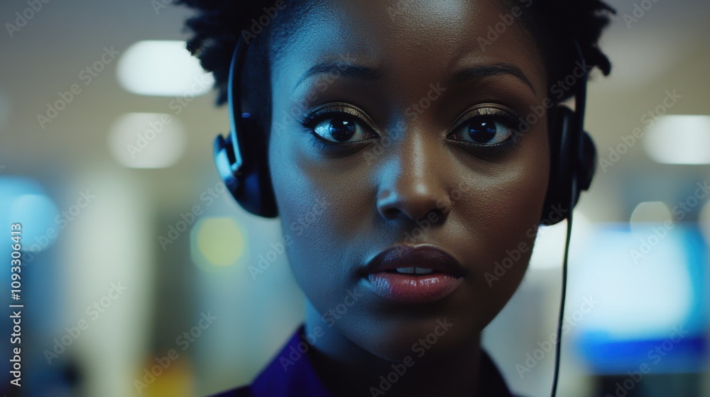 Close-up Portrait of a Focused Professional Woman Wearing Headphones in a Modern Office Environment, Radiating Confidence and Engagement in Her Work Close-up Portrait of a Focused Professional Woman Wearing Headphones in a Modern Office Environment, Radiating Confidence and Engagement in Her Work