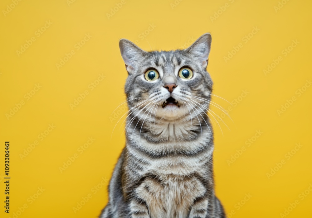 Surprised tabby cat staring against a bright yellow background Surprised tabby cat staring against a bright yellow background