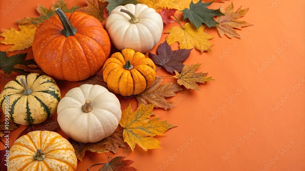 A beautiful arrangement of colorful pumpkins with fallen leaves on an orange background, warm tones, nature's beauty, colored gourds, seasonal decor, fall pumpkins A beautiful arrangement of colorful pumpkins with fallen leaves on an orange background, warm tones, nature's beauty, colored gourds, seasonal decor, fall pumpkins