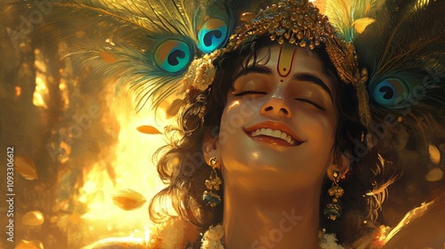 Lord Krishna smiling with peacock feathers in his crown