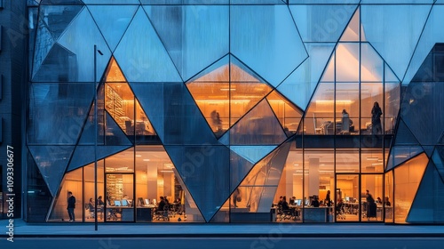 Modern glass building exterior at night, showing interior office spaces with workers.