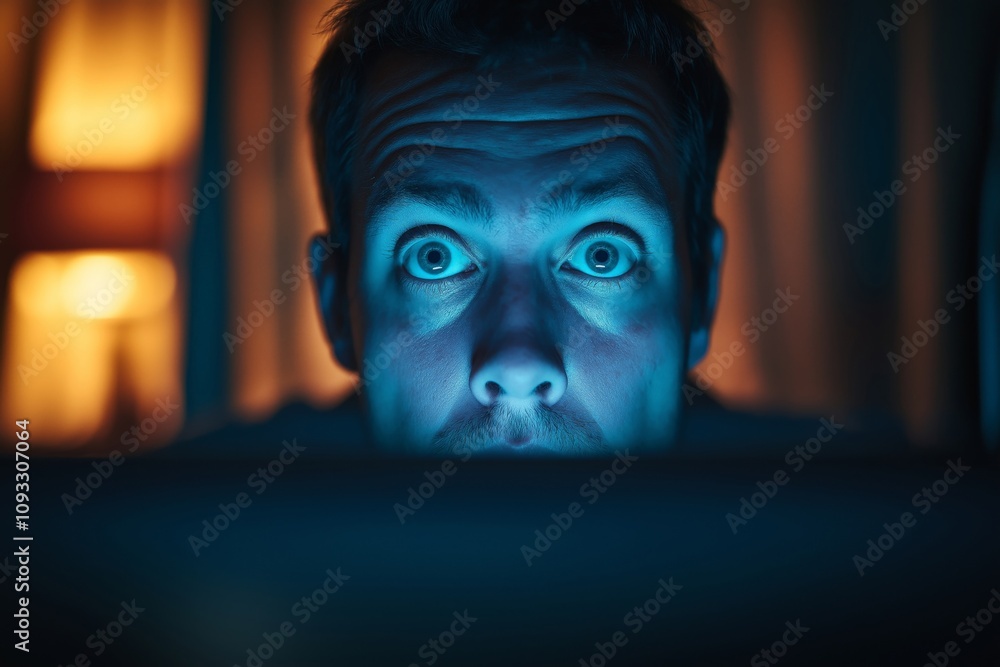 A close-up of a person staring wide-eyed at a computer screen, illuminated by a blue light, conveying a sense of shock or surprise in a dark room A close-up of a person staring wide-eyed at a computer screen, illuminated by a blue light, conveying a sense of shock or surprise in a dark room