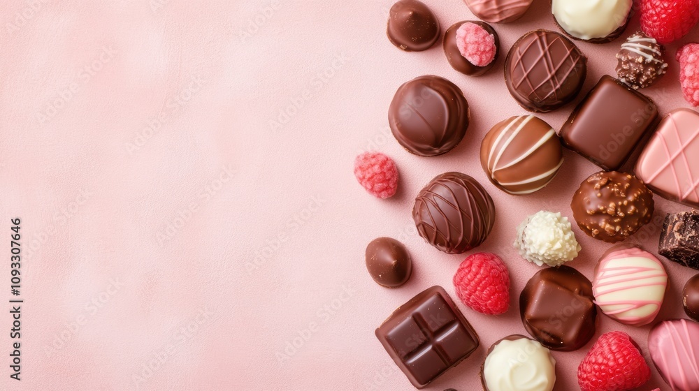 Assorted chocolates and raspberries on a soft pink background create a sweet temptation, AI Assorted chocolates and raspberries on a soft pink background create a sweet temptation, AI