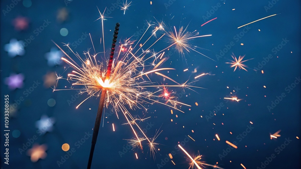 Obraz premium A burst of colorful sparks and stars exploding in the air on a dark blue background, explosion, light show, burst, pattern, dynamic