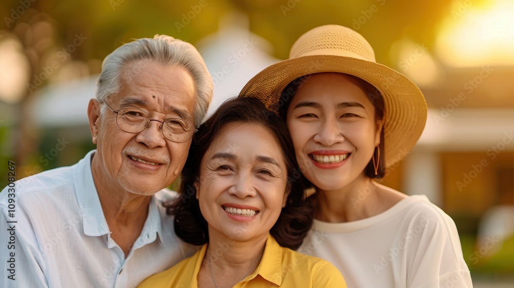 Portrait of a cheerful multi-generational family outdoors, featuring grandparents and adult daughter smiling warmly in golden sunlight. Portrait of a cheerful multi-generational family outdoors, featuring grandparents and adult daughter smiling warmly in golden sunlight.