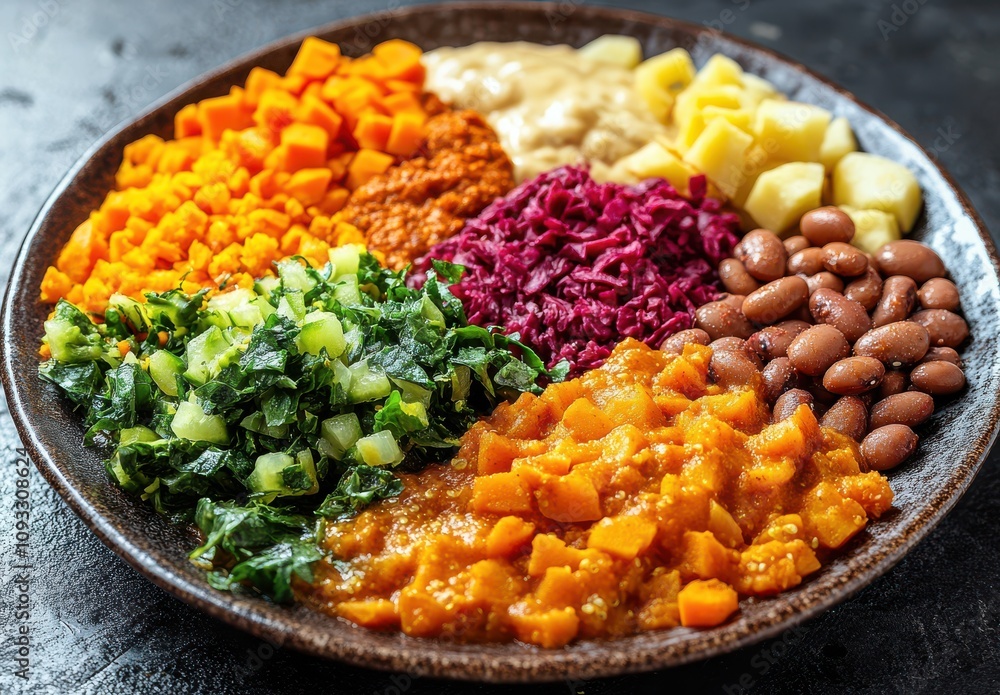 Colorful Plate of Healthy Vegan Dishes Featuring Diverse Ingredients Including Squash, Beans, and Fresh Vegetables for a Nutritious Meal Experience Colorful Plate of Healthy Vegan Dishes Featuring Diverse Ingredients Including Squash, Beans, and Fresh Vegetables for a Nutritious Meal Experience