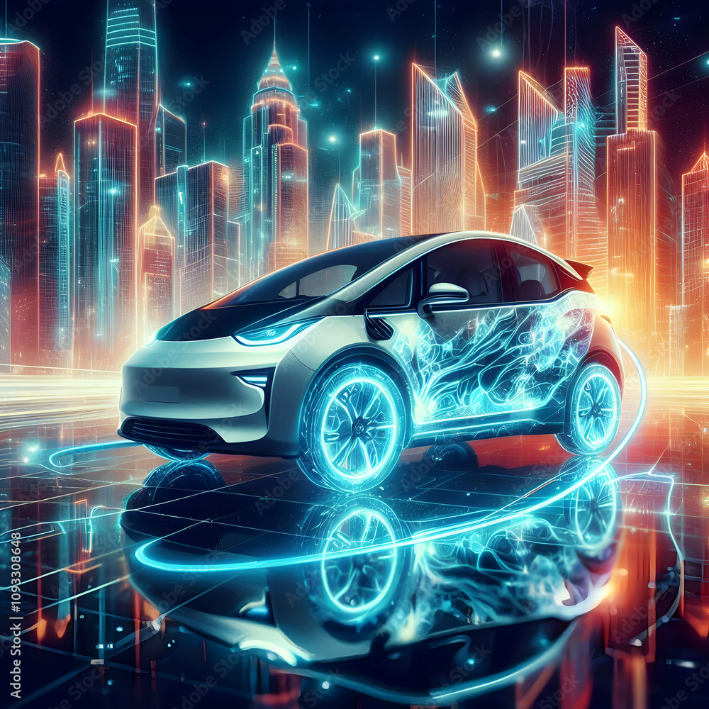 Electric car in neon abstraction concept as A close up shot of an electric car glowing under glossy neon abstract patterns with a futuristic city background symbolizing zero emission mobility. in Pho Electric car in neon abstraction concept as A close up shot of an electric car glowing under glossy neon abstract patterns with a futuristic city background symbolizing zero emission mobility. in Pho