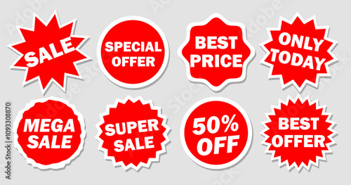 Set of vector red starburst, sunburst badges. Simple flat style vintage labels, stickers with sale discount text. Sale quality tags and labels. Template banner shopping badges