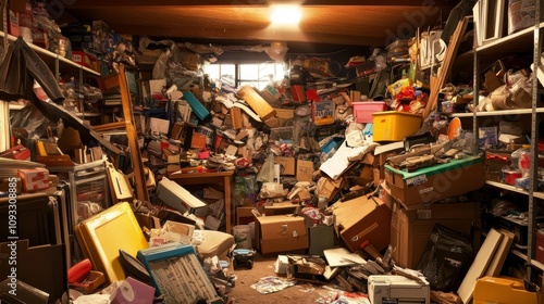 Cluttered Storage Space Overwhelmed with Unorganized Boxes, Papers, and Miscellaneous Items in a Dimly Lit Environment Highlighting Disarray and Chaos