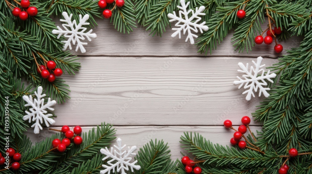 A beautiful Christmas border made of pine branches, snowflakes, and red berries on a wooden background, perfect for holiday greetings and festive design A beautiful Christmas border made of pine branches, snowflakes, and red berries on a wooden background, perfect for holiday greetings and festive design