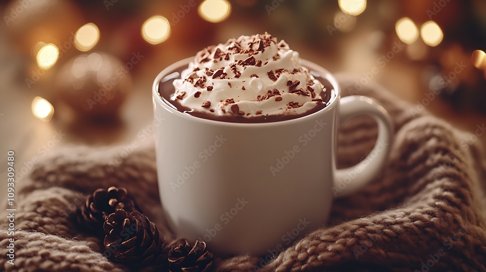 Rich hot chocolate in a festive mug styled with holiday elements glowing lights and soft cozy tones Rich hot chocolate in a festive mug styled with holiday elements glowing lights and soft cozy tones