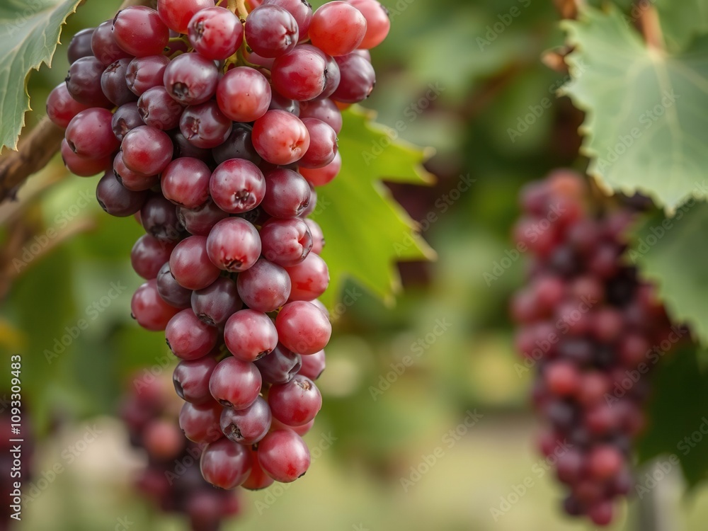 A cluster of ripe red grapes hanging from a bunch on a vine, vine crop, wine harvest A cluster of ripe red grapes hanging from a bunch on a vine, vine crop, wine harvest