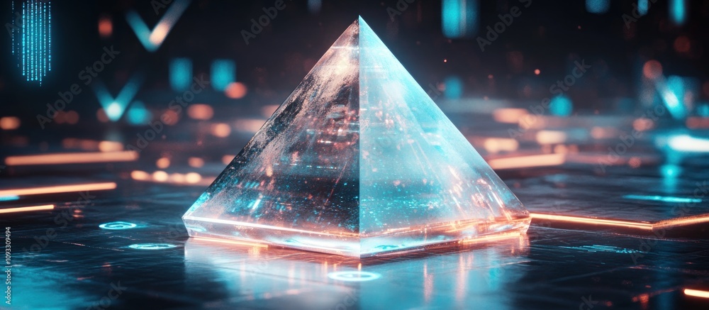 Illuminated glass pyramid on futuristic surface. Illuminated glass pyramid on futuristic surface.