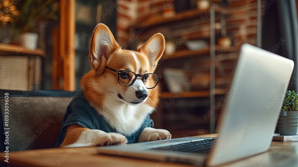 Corgi Dog Wearing Glasses Uses a Laptop Computer Corgi Dog Wearing Glasses Uses a Laptop Computer