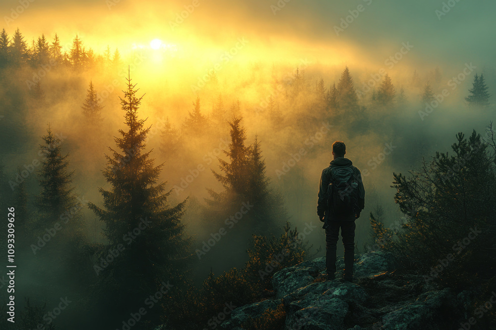 A man with a backpack standing on top of a rocky cliff, looking out over a forest bathed in the soft light of the rising or setting sun. A man with a backpack standing on top of a rocky cliff, looking out over a forest bathed in the soft light of the rising or setting sun.